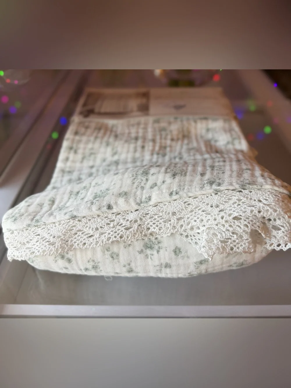 Delphine cotton gauze lace hem green floral rose vintage style Shower Curtan